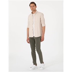 Bej Keten Görünümlü Slim Fit Uzun Kollu Gömlek