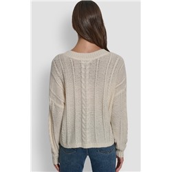 MOHAIR LIKE CABLE V-NECK SWEATER