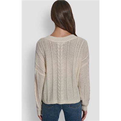MOHAIR LIKE CABLE V-NECK SWEATER