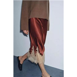 Женская атласная юбка миди с кружевом ЗАР*А