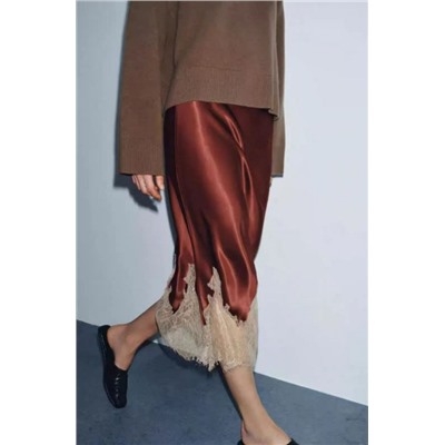 Женская атласная юбка миди с кружевом ЗАР*А