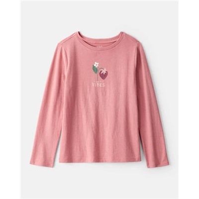 Girls Strawberry Happy Vibes Long-Sleeve Graphic Tee - Pink