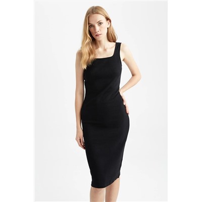Defacto Bodycon Kare Yaka Fitilli Kaşkorse Kolsuz Midi Elbise Z7577AZ23SM