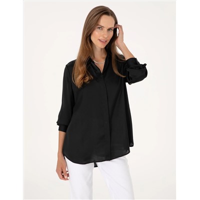 Siyah Comfort Fit Saten Uzun Kollu Gömlek