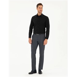 Siyah Slim Fit Armürlü Uzun Kollu Gömlek