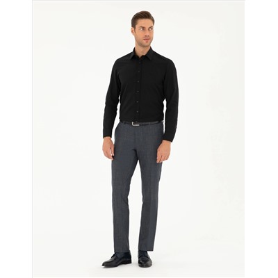 Siyah Slim Fit Armürlü Uzun Kollu Gömlek