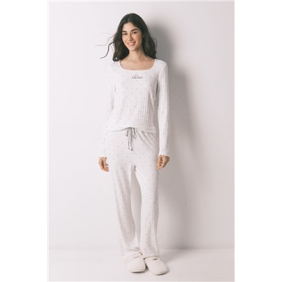 Pijama largo canalé blanco estampado estrellas