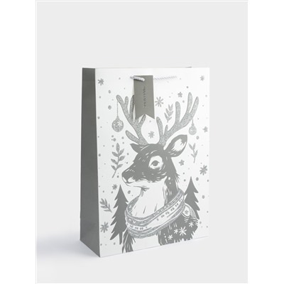 Пакет подарочный, 30х42 см, бумага, белый, Олень в шарфе, Maral grey