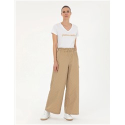 Bej Dokulu Flare Hıgh Waist Fit Pantolon