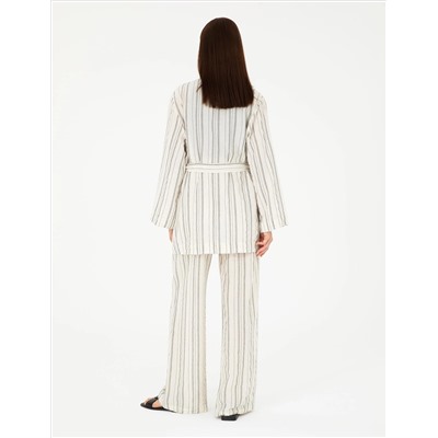 Ekru Dokulu Yüksek Bel Loose Fit Pantolon