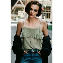 WRINKLED TOP WITH EMBROIDERED TIES