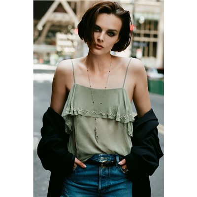 WRINKLED TOP WITH EMBROIDERED TIES