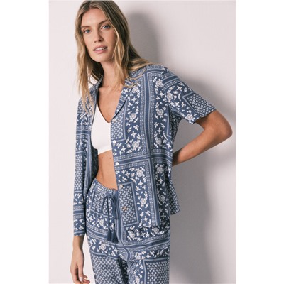 Pijama camisero largo manga corta estampado bandana azul