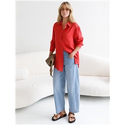 Свободная удлиненная блузка с карманом изо льна с вискозой