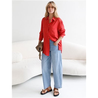 Свободная удлиненная блузка с карманом изо льна с вискозой