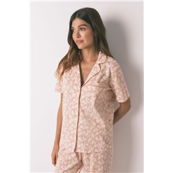 Pijama camisero 100% algodón flores naranja