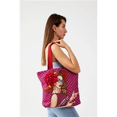 AYSHOME, Popart Desen Bez Fuşya Puantiyeli Plaj Alışveriş Çantası