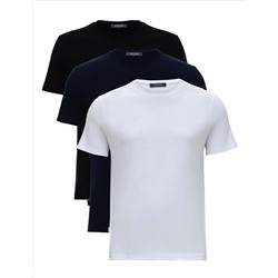 Beyaz-Lacivert-Siyah 3'lü Slim Fit %100 Pamuk Bisiklet Yaka Basic Tişört Paketi