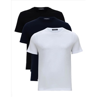 Beyaz-Lacivert-Siyah 3'lü Slim Fit %100 Pamuk Bisiklet Yaka Basic Tişört Paketi