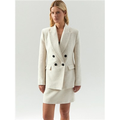 Двубортный жакет из твида с добавлением льна, ML838/neige