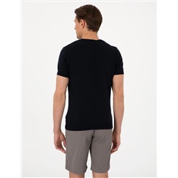 Lacivert Slim Fit  Bisiklet Yaka Çizgili Triko Tişört