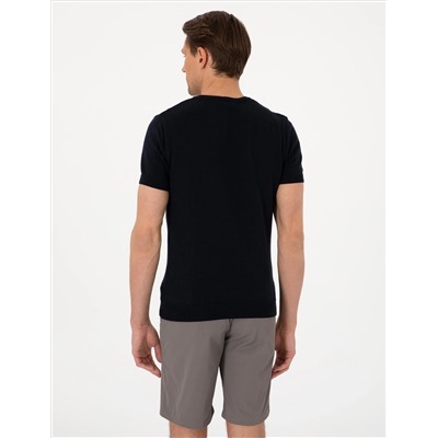 Lacivert Slim Fit  Bisiklet Yaka Çizgili Triko Tişört