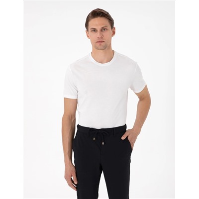 Ekru %100 Pamuk Slim Fit Bisiklet Yaka Basic Tişört