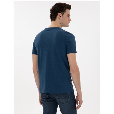 İndigo Melanj Pamuk Karışımlı Slim Fit Bisiklet Yaka Basic Tişört