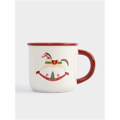 Кружка, 470 мл, с ложкой, керамика D/сталь, красная, Елка/Лошадка-качалка, Bright horse