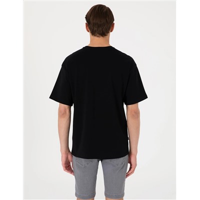 Siyah Comfort Fit Bisiklet Yaka Tişört