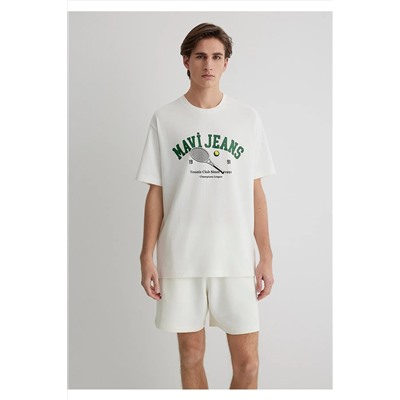 Mavi Tenis Logo Baskılı Ekru Tişört Loose Fit / Bol Rahat Kesim 0612708-70057