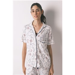Pijama camisero algodón blanco estampado pájaros