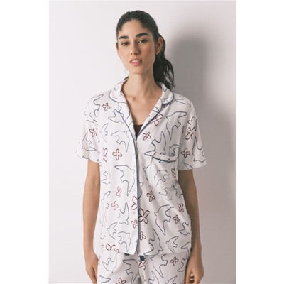 Pijama camisero algodón blanco estampado pájaros