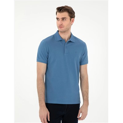 Koyu Mavi Slim Fit %100 Pamuk Polo Yaka Basic Tişört