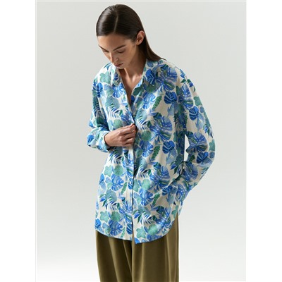 Рубашка с цветочным принтом с добавлением льна, B3266/fouge