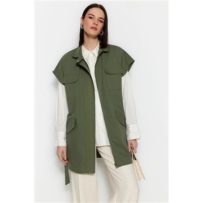 TRENDYOL MODEST Haki Kuşaklı Geniş Omuzlu Dokuma Yelek TCTSS23YL00049