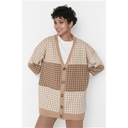 TRENDYOL MODEST Camel Kazayağı Desenli V Yaka Triko Hırka TCTAW23HI00002