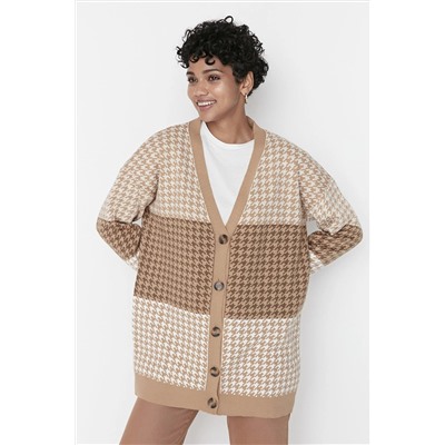 TRENDYOL MODEST Camel Kazayağı Desenli V Yaka Triko Hırka TCTAW23HI00002