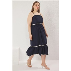 Trendyol Curve Lacivert Askılı A-Line Dokuma Midi Büyük Beden Elbise TBBSS25AH00153