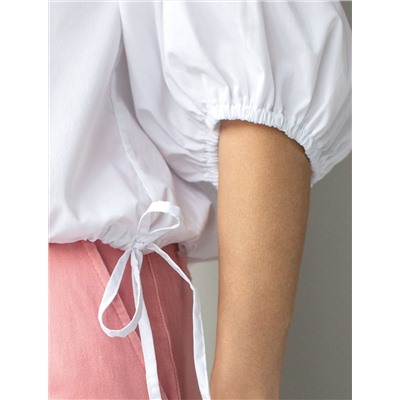 Укороченная блузка с рукавами буфами и с кулиской по низу из эластичного хлопка