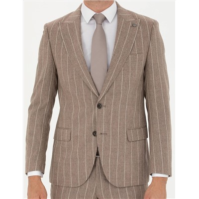 Bej Çizgili Ekstra Slim Fit Yün Takım Elbise