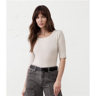 Ribbed Elbow-Sleeve T-Shirt