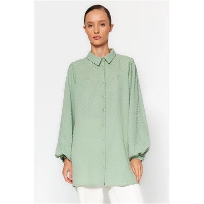 TRENDYOL MODEST Yeşil Kesme Kumaş Balon Kol Dokuma Gömlek TCTAW24TG00030