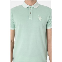 Erkek Slim Fit Polo Yaka Su Yeşili Yıkamalı Basic Tişört