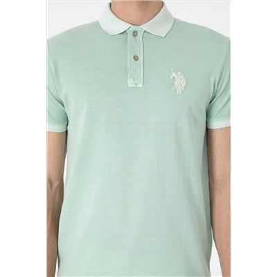 Erkek Slim Fit Polo Yaka Su Yeşili Yıkamalı Basic Tişört