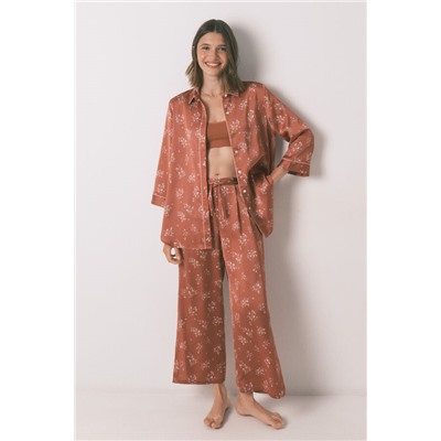 Pijama camisero largo satén naranja