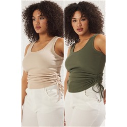 Trendyol Curve Haki- Bej 2'li Paket Yanları Büzgülü Büyük Beden Atlet TBBSS25CV00002