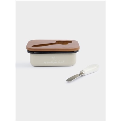 Масленка, 16х11 см, с ножом, металл/дерево, прямоугольная, бежевая, Retro