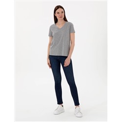 Gri Melanj Regular Fit V Yaka Basic Tişört