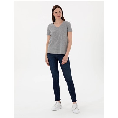 Gri Melanj Regular Fit V Yaka Basic Tişört